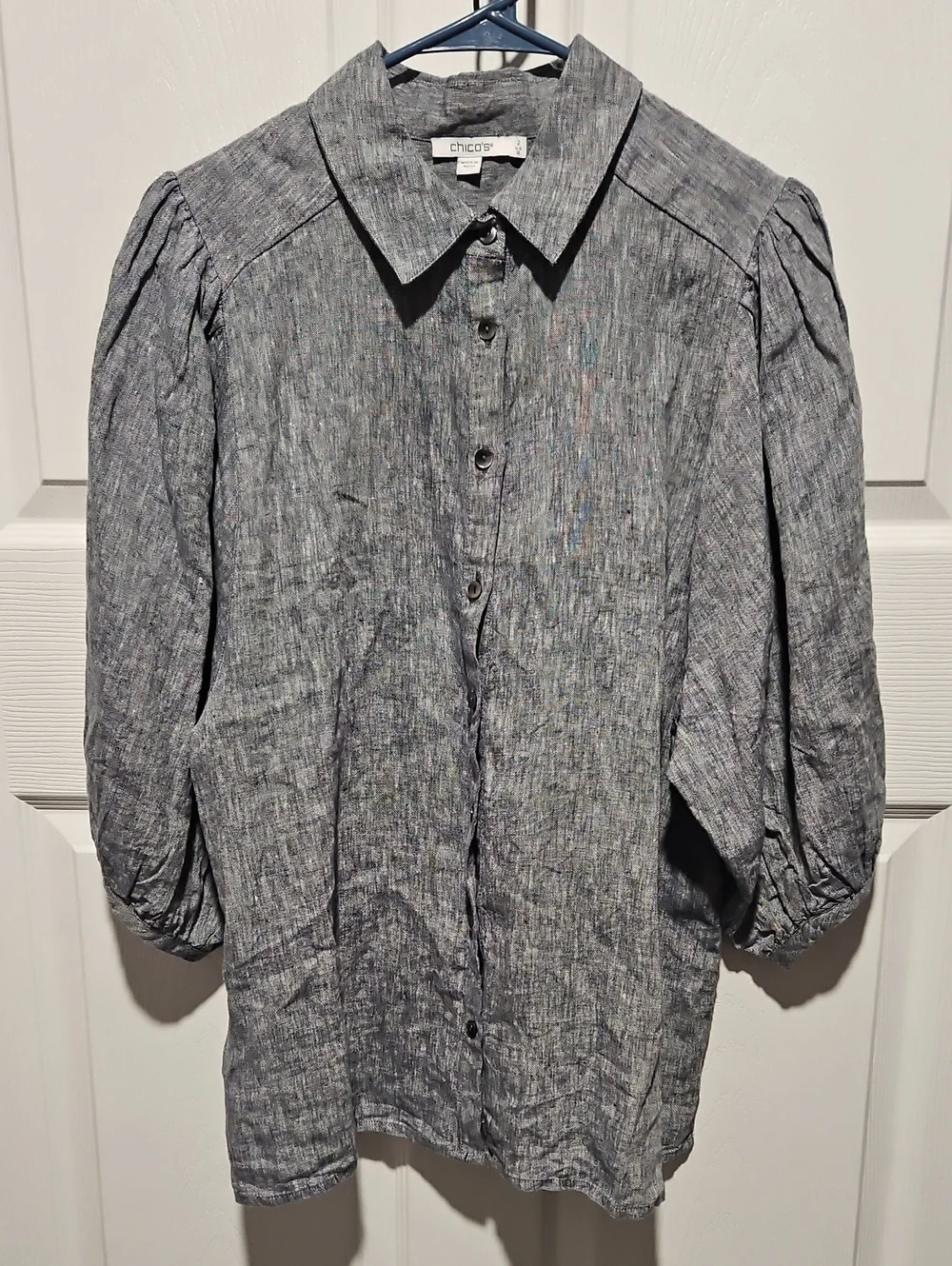 Chico's Women's Gray Button-Front Puff Sleeve Blouse - Picture 1 of 7